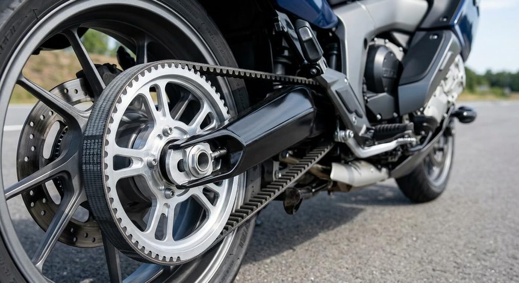 Vue rapprochée de la transmission secondaire d'une moto routière sans chaîne ni graisse.