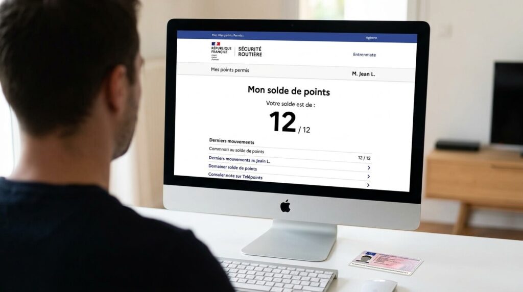 Écran d'ordinateur connecté au site officiel Mes Points Permis affichant le solde de points.
