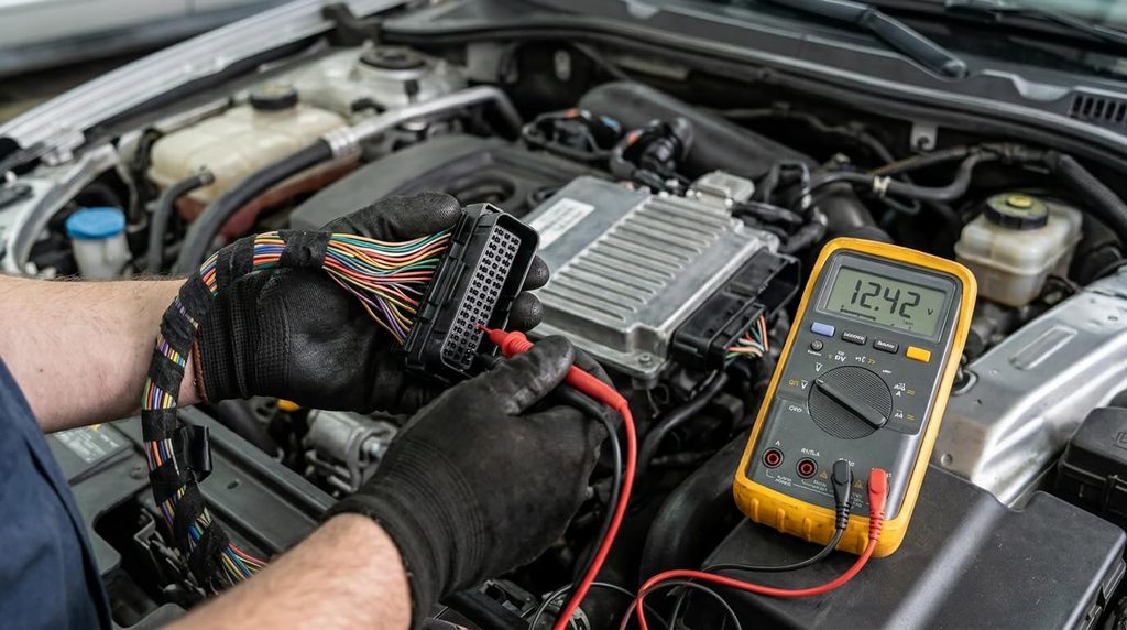 Défaut absence de communication avec le calculateur moteur : causes et solutions 4 Prise de mesure électrique au multimètre sur les broches d'alimentation du faisceau de calculateur.