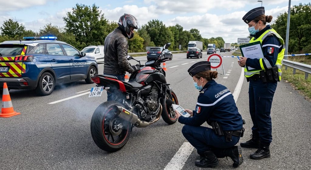Contrôle routier par les forces de l'ordre mesurant le bruit d'un échappement au sonomètre.