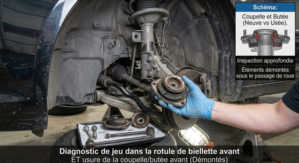 Bruit de claquement quand je roule sur une bosse : causes et réparations 4 Butée tournante et coupelle d'amortisseur usée démontée sous le passage de roue.