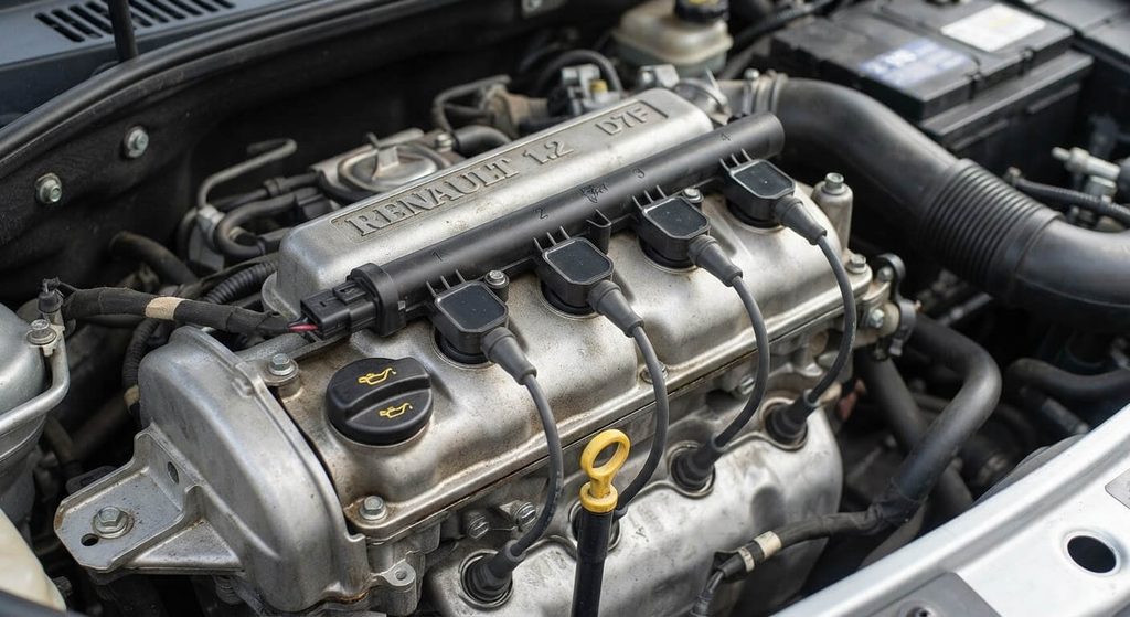 Rampe d'allumage et couvre-culasse métallique d'un moteur Renault D7F 1.2 8 soupapes.