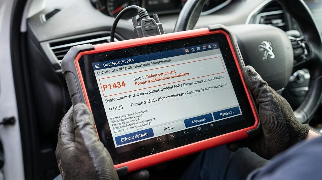 Écran de diagnostic affichant le défaut de pompe d'additivation FAP P1434.