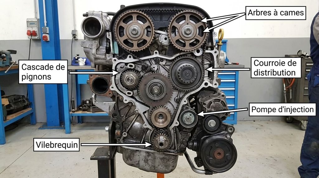 Renault Trafic 2.5 dCi 150 : fiabilité du moteur G9U, pannes et avis 3 Vue de face de la distribution mixte par courroie et cascade de pignons du moteur G9U.