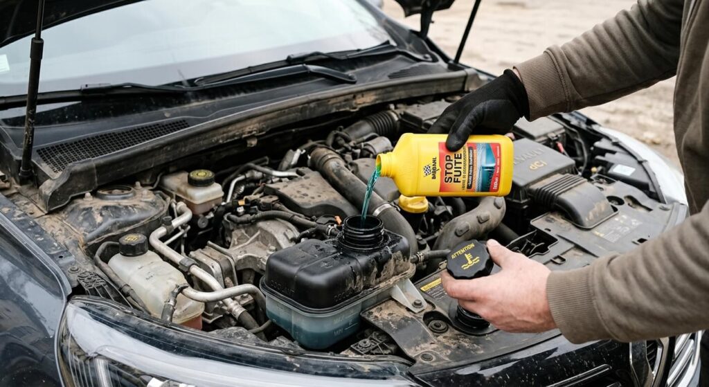 Stop fuite liquide de refroidissement : avis, efficacité réelle et risques 2 Flacon de produit anti-fuite versé dans le vase d'expansion d'une voiture.
