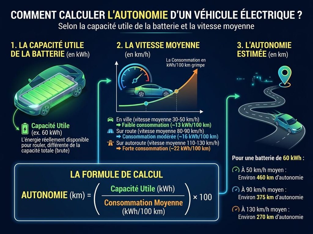 Graphique explicatif détaillant le calcul de l'autonomie d'après la capacité utile de la batterie et la vitesse moyenne.