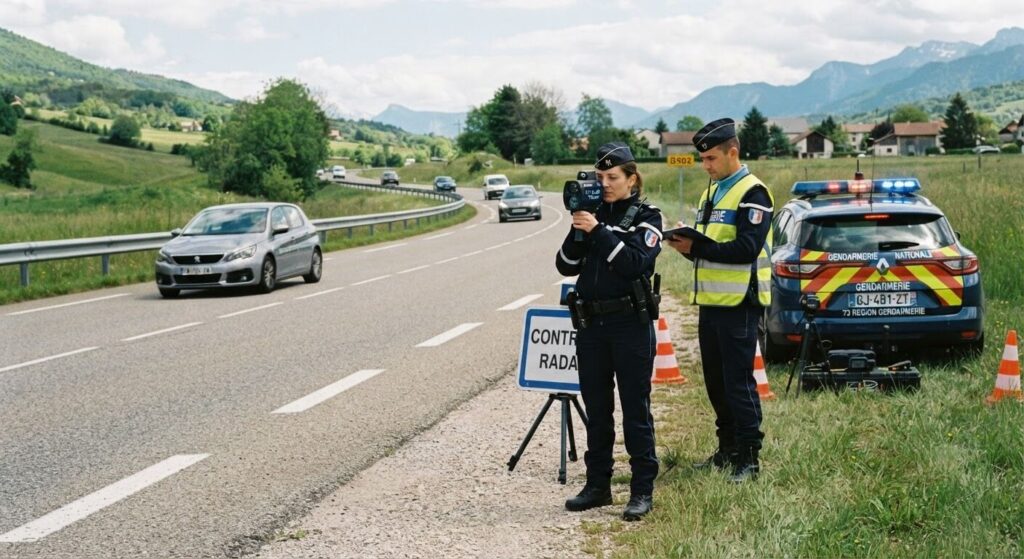 Forces de l'ordre effectuant un contrôle de vitesse au cinémomètre laser portatif sur le bas-côté.