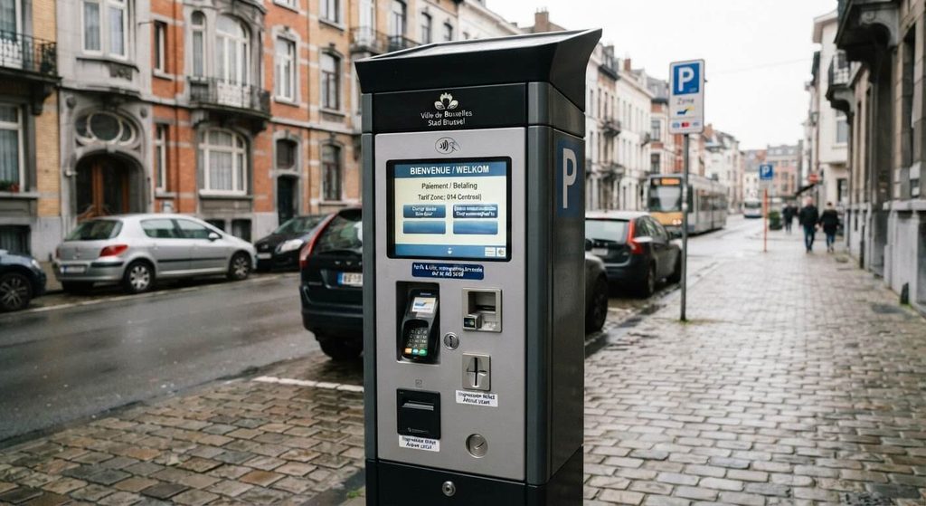 Borne horodateur moderne pour le paiement du stationnement urbain en Belgique.