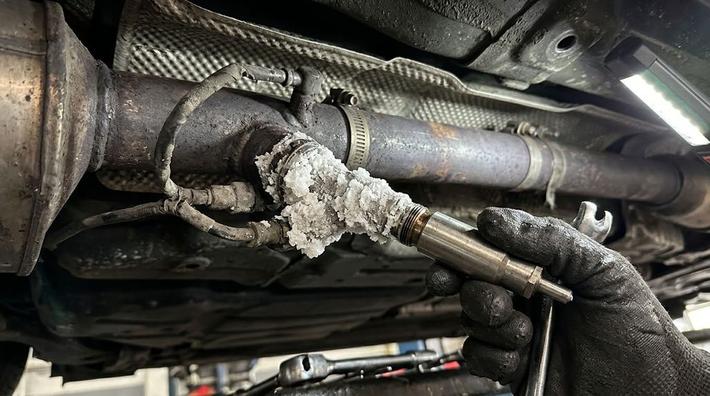 Dépose d'un injecteur d'AdBlue sur la ligne d'échappement bouché par une gangue de cristaux blancs.