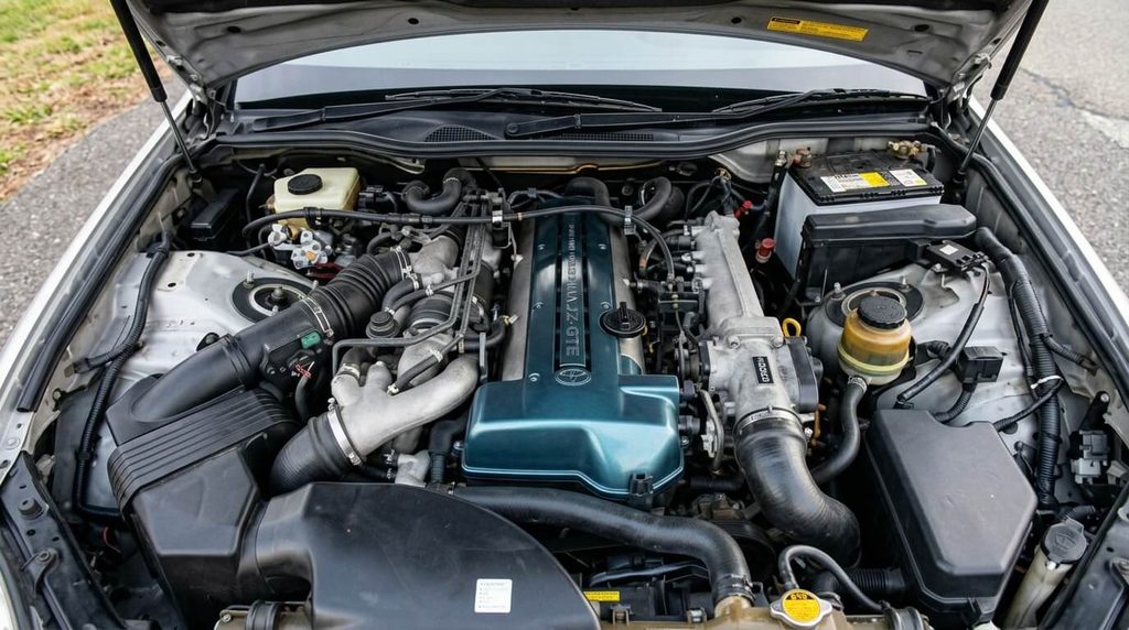 Bloc moteur six cylindres en ligne 2JZ-GTE bi-turbo sous le capot d'une Aristo.