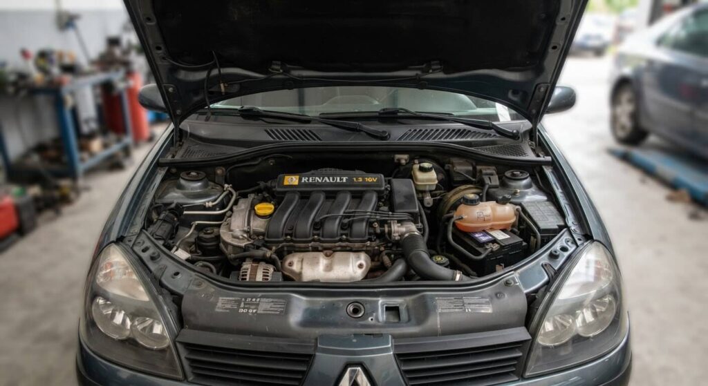 Moteur quatre-cylindres essence 1.2 16V D4F sous le capot d'une Renault Clio 2.