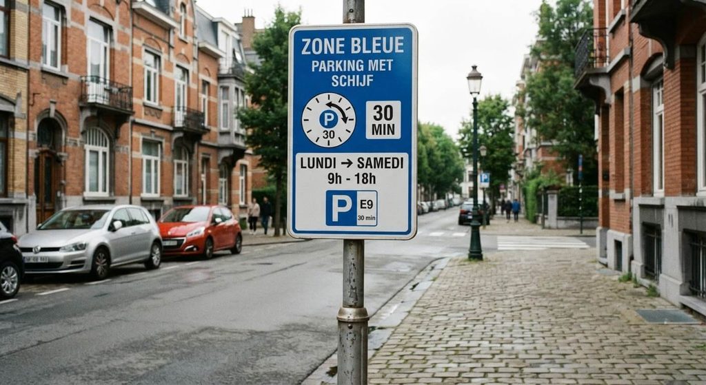 Panneau de zone bleue réglementée exigeant le disque de stationnement européen en Belgique.