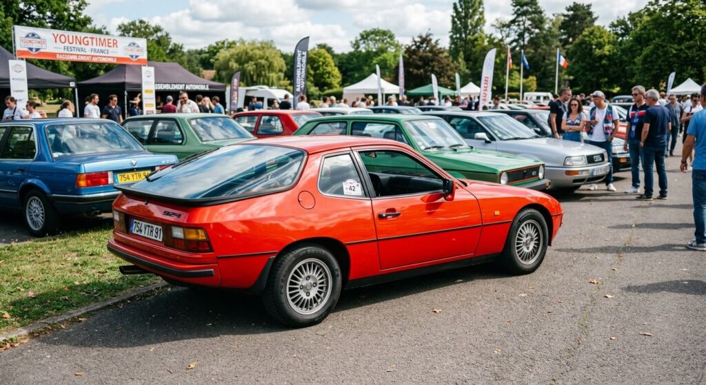 Coupé Porsche 924 rouge des années 80 stationné lors d'un rassemblement youngtimer.