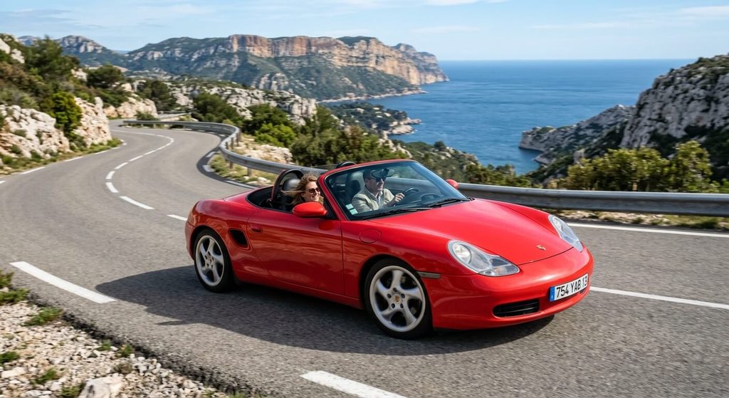 Porsche Boxster 986 première génération décapotée sur une route sinueuse.