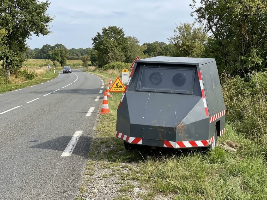 Radar autonome de chantier surnommé radar hibou avec ses deux optiques vitrées sur une départementale.
