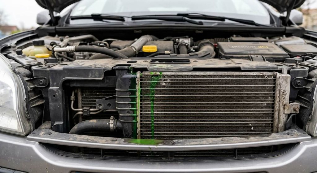 Stop fuite liquide de refroidissement : avis, efficacité réelle et risques 3 Radiateur de refroidissement automobile présentant une trace de suintement vert.