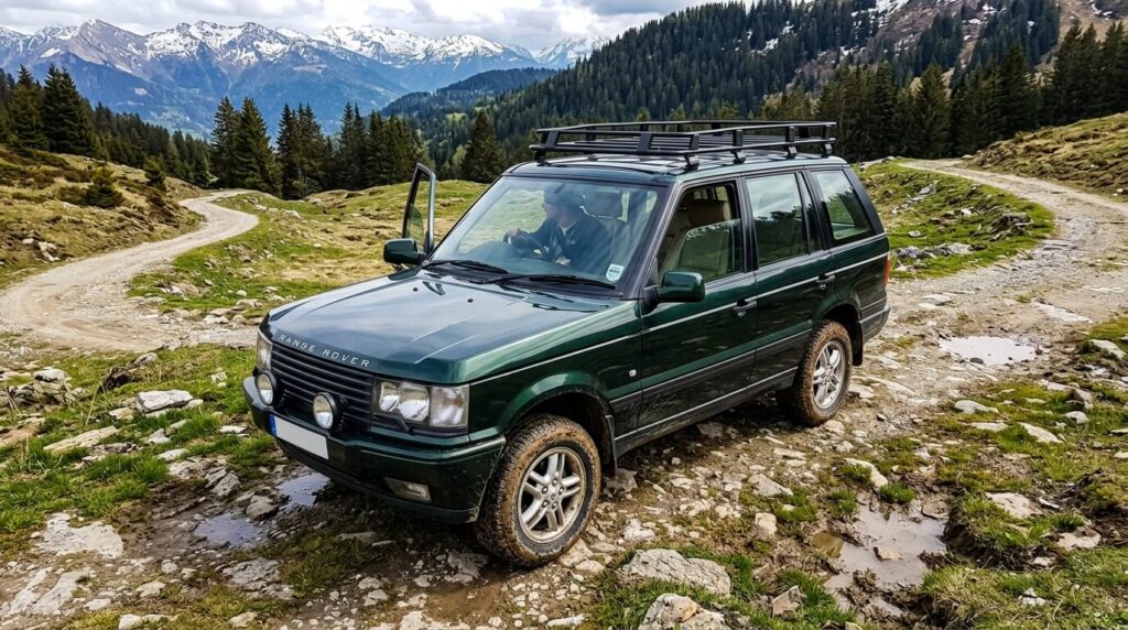Range Rover P38 de couleur vert anglais stationné en tout-terrain.