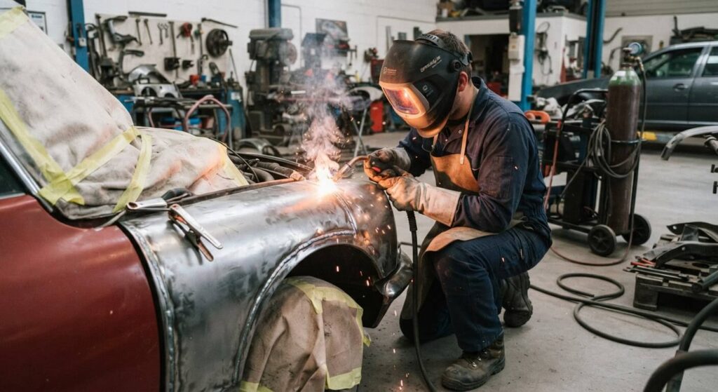 Carrossier réalisant une soudure au poste MIG-MAG sur une aile de voiture avec masque de protection.