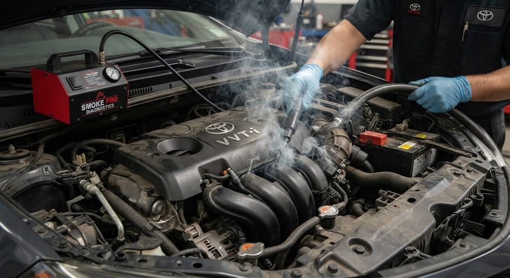 Recherche de fuite d'air à la machine à fumée sur le collecteur d'admission d'une Toyota Corolla.