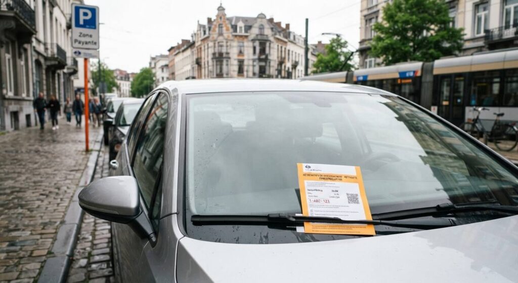 Rétribution ou redevance de stationnement déposée sous l'essuie-glace d'une voiture à Bruxelles.