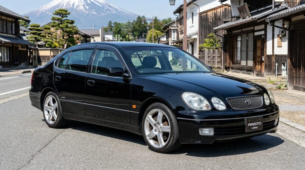 Berline Toyota Aristo V300 châssis JZS161 noire avec jantes d'origine.