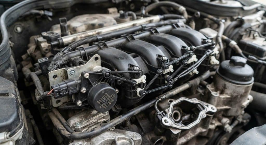 P200A Mercedes : signification et diagnostic 4 Biellettes en plastique et servomoteur M55 de commande des volets d'admission Mercedes.