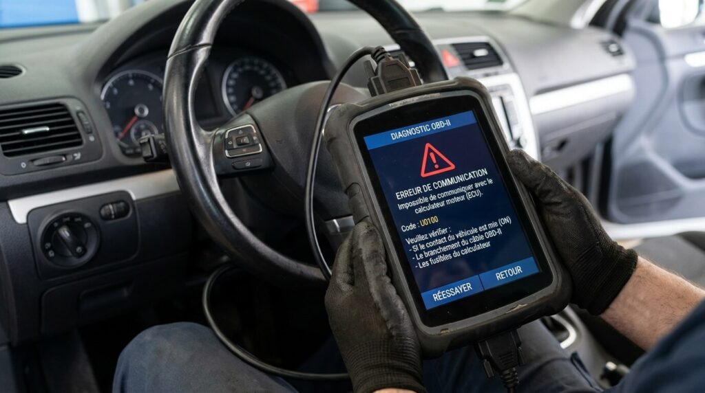 Défaut absence de communication avec le calculateur moteur : causes et solutions 2 Scanner de diagnostic OBD affichant un message d'erreur de communication avec le calculateur moteur.